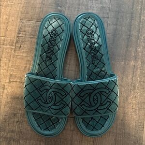 CHANEL Teal Quilted Slide Sandals